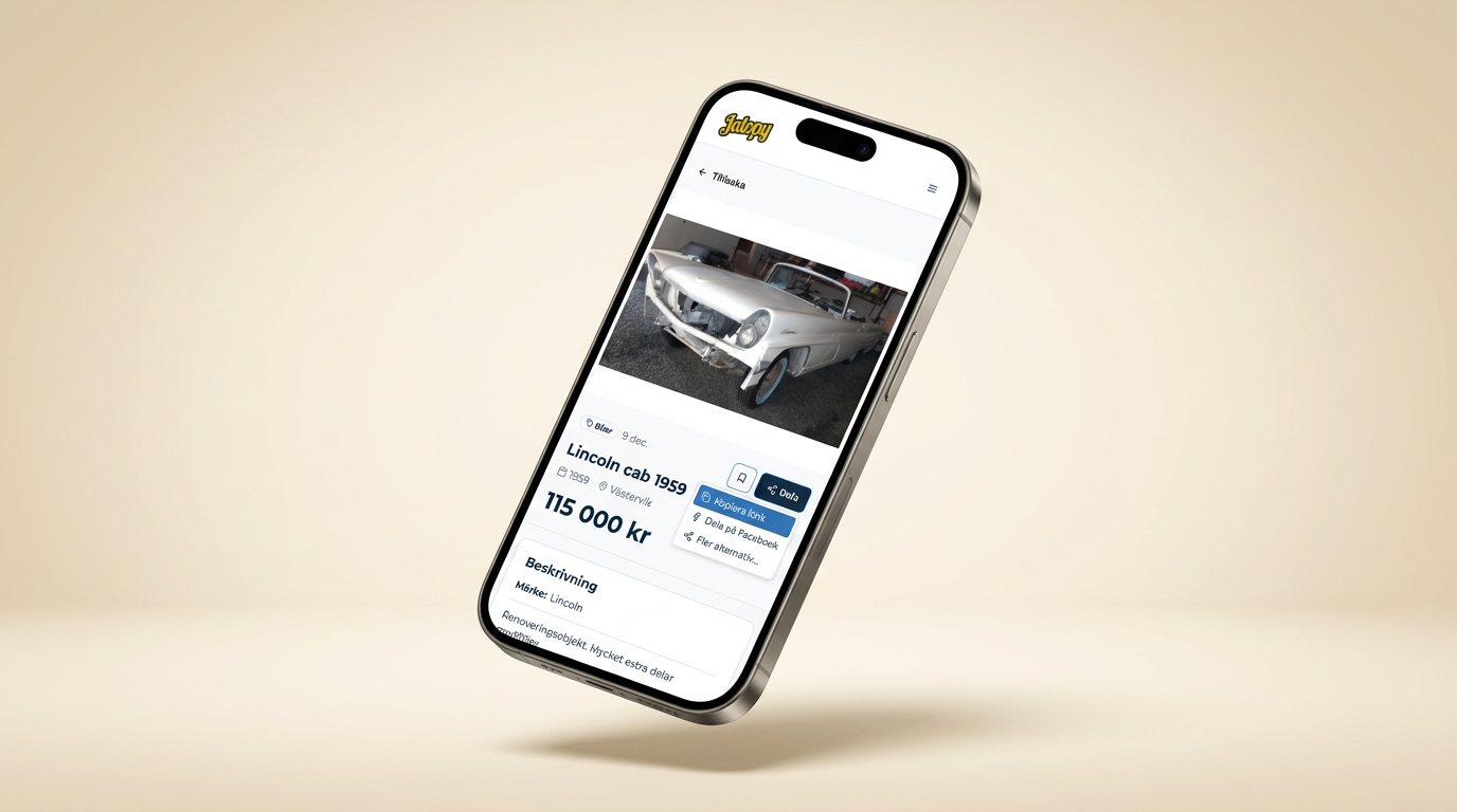 Mobilskärm som visar delning av en annons från Jalopy.se