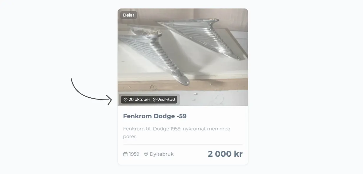 Annonskort på Jalopy.se med Uppflyttad-badge som visar att annonsen har flyttats upp i flödet